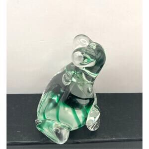 Vintage Clear Glass Art Frog with Green Swirls Paperweight 3" Tall